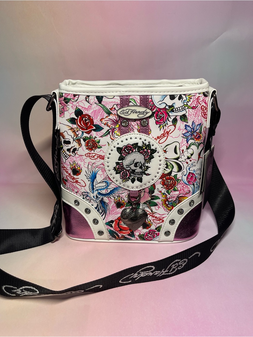 Ed Hardy Pink Floral Skull Crossbody with White Trim and Black Strap